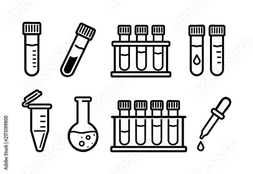 Laboratory Equipment Icon Set with Test Tube, Flask, Dropper and Sample Rack