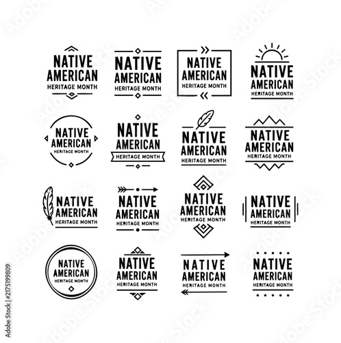 Native American Heritage Month Icon Grid with Tribal Badge and Line Emblem Set