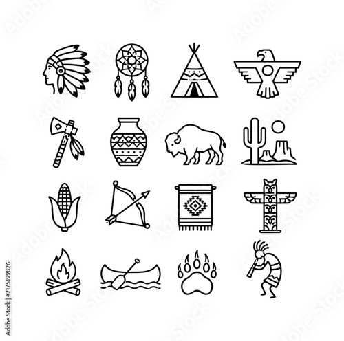 Native American Icon Set with Headdress, Bison, Totem and Wildlife Symbols