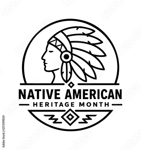 Native American Heritage Month Circular Badge with Headdress Profile Illustration