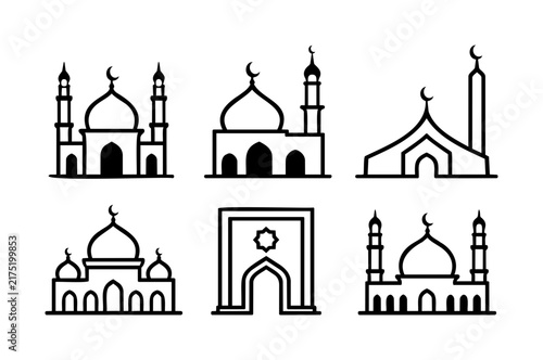 Mosque Building Icon Set with Dome, Minaret and Islamic Architecture Symbols