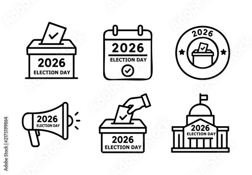 Election Day Icon Set with Ballot Box, Calendar, Megaphone and Government Building