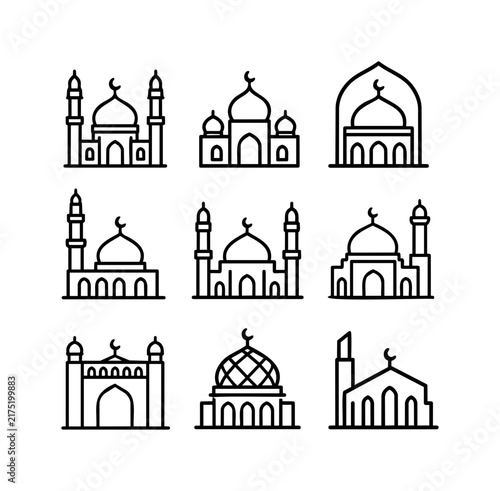 Mosque Architecture Icon Collection with Dome, Minaret and Crescent Moon Design