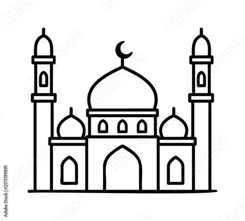 Grand Mosque Line Illustration with Twin Minaret and Crescent Moon Design