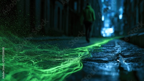 Ethereal green energy streams from a figure walking down a dark, urban alley