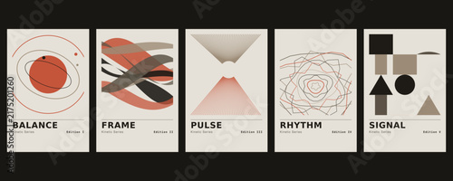 Obraz na plátne Five posters with light backgrounds featuring geometric patterns, orbital circle
