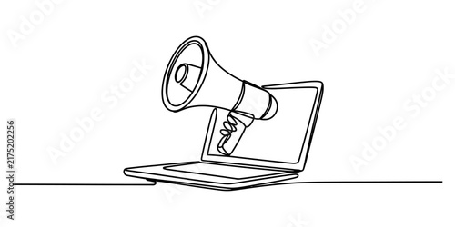 Continuous line drawing of a megaphone coming out of a laptop screen