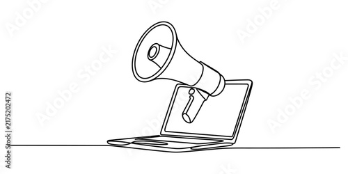 Continuous line drawing of a megaphone coming out of a laptop screen