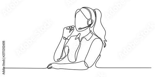 Continuous line drawing of a female customer support agent wearing a headset