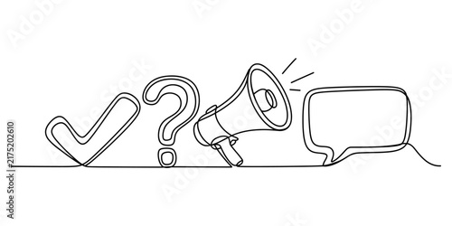 Continuous line drawing of check mark question mark megaphone and speech bubble