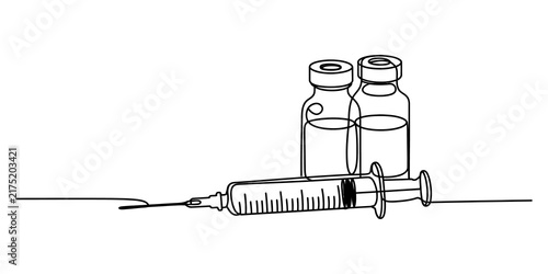 Fotografía Medical syringe and vaccine glass vials in a continuous line art drawing style