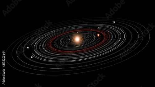 A vibrant stellar system featuring a bright central star and orbiting planets