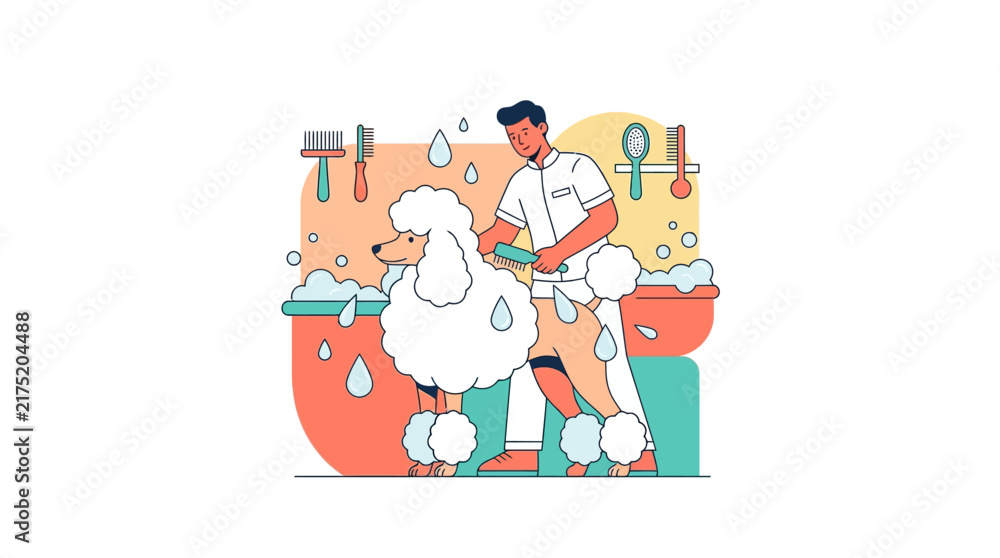 Fototapeta premium Professional Dog Grooming Illustration: Groomer Washing and Brushing White Poodle in Pet Salon