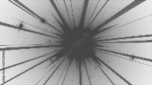 Abstract sunburst halftone pattern with radial lines and dots creating a dynamic graphic background