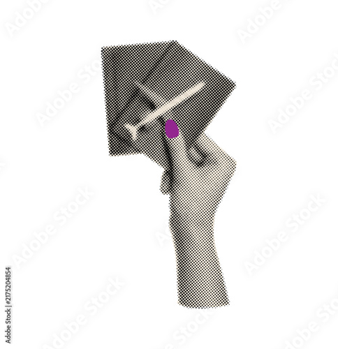 Retro Halftone Collage of Hand Holding Magnifying Glass to Laptop Screen with Growth Arrow Graph.ai