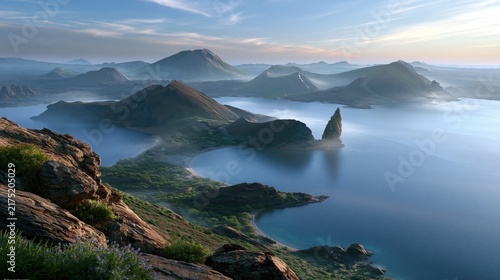 Serene volcanic islands at dawn with misty valleys and calm ocean waters bathed in soft morning light