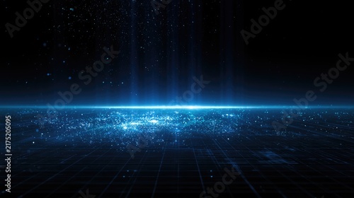 A dark digital grid surface glows with blue light particles and vertical rays