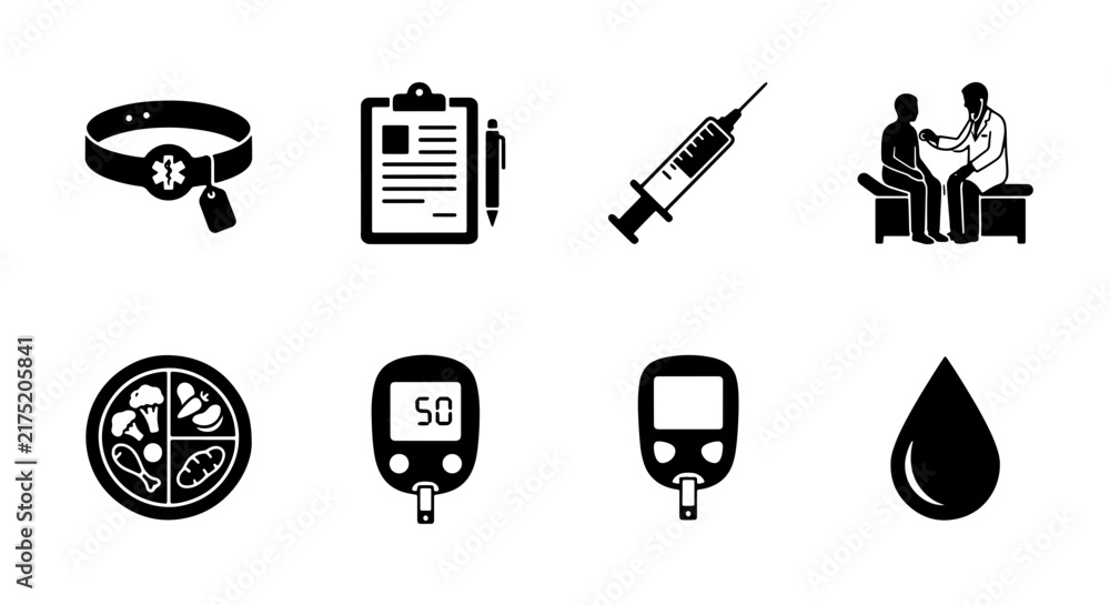 Fototapeta premium Diabetes Care Icons Set: Blood Glucose Meter, Syringe, Doctor Visit, Medical Chart, Food Plate, Blood Drop, Pet Health Collar 4k