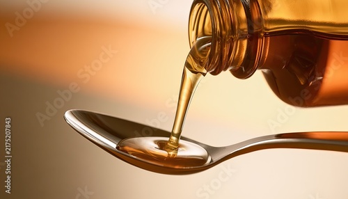 A golden medicinal syrup is poured from a clear glass bottle into a metal spoon (1)
