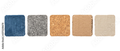 Cuadro en lienzo Fabric texture swatch material samples aligned on black background featuring corduroy, felt, cork, corrugated cardboard, and linen for interior design, tactile surface palette, and craft layout