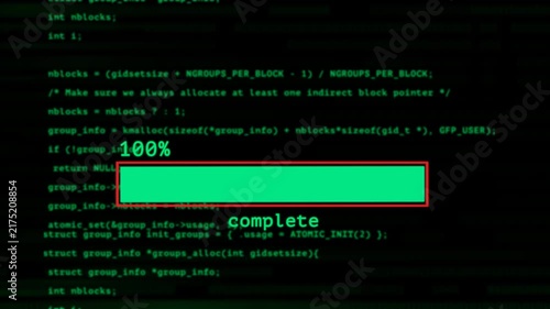100% Complete Progress Bar Displayed Over C Code on alpha Screen