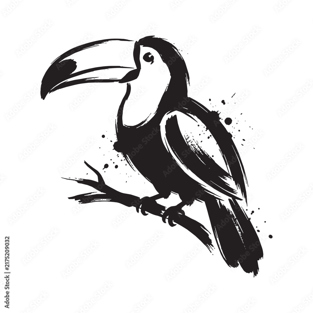 Fototapeta premium Minimalist Toucan Bird Perched on a Branch Hand Drawn Sumi-e Ink Wash Painting Style Graphic Illustration