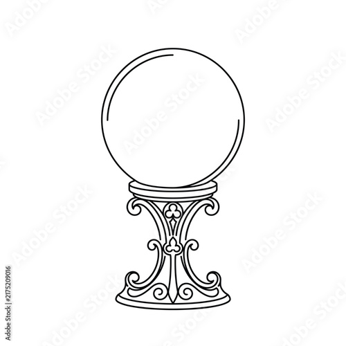 Halloween, Mystical crystal ball on ornate pedestal, magic glass sphere for fortune telling, esoteric divination tool vector illustration isolated on White Background