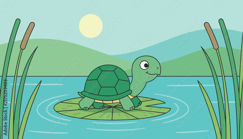 Fototapeta premium Cute green turtle sitting happily on a lily pad in a peaceful lake surrounded by reeds and hills at sunset.
