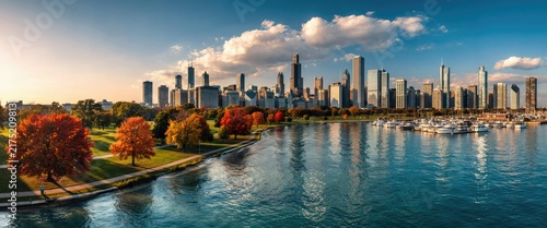 Panoramic view of chicago skyline with autumn trees and lake michigan harbor