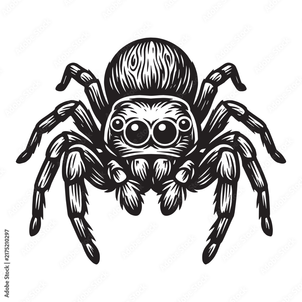 Fototapeta premium Woodcut style jumping spider illustration, engraved relief printmaking design, black and white carved arachnid vector isolated on white background.