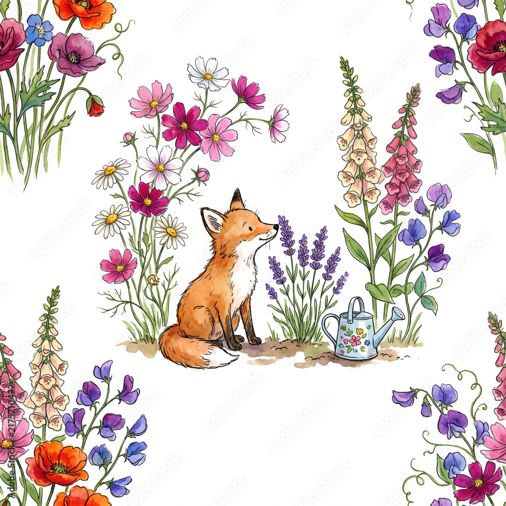 Fototapeta premium Whimsical Fox Amongst Blooms: A charming fox sits serenely amidst a delightful garden bursting with colorful flowers, accompanied by a watering can, painted in a charming watercolor style.
