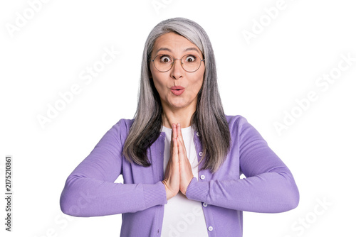 Fotografía Photo of charming cute old lady hold hands say please excited begging look praye