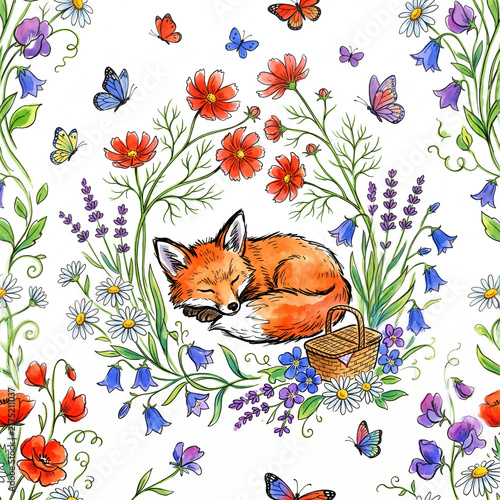 Sleeping Fox in a Field of Wildflowers: A charming watercolor illustration depicts a foxy animal peacefully slumbering amidst a vibrant tapestry of blooming wildflowers, delicate lavender.