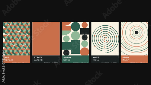 Foto Axis repeat, strata layers, signal noise, wave field, and prism index, a collect