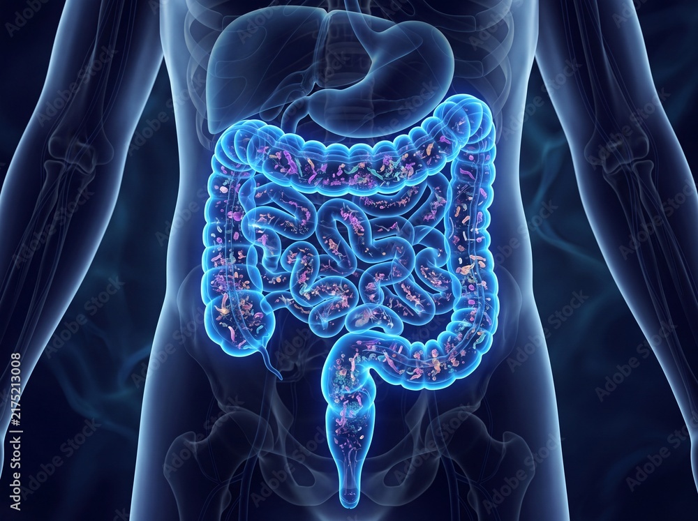 Fotografie Human Large Intestine and Gut Microbiome Scientific Visualization