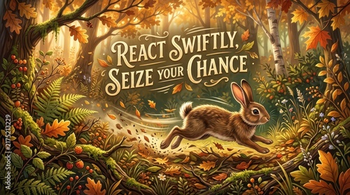 A swift rabbit leaps through an autumn forest with the inspirational message 'React Swiftly, Seize Your Chance'.