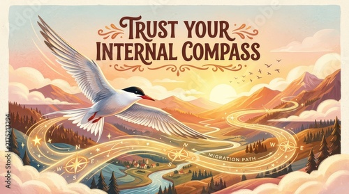 A Tern Flying Over a Winding Migration Path Through Mountains, Embracing Inner Guidance and Hope