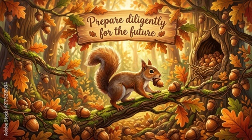 Autumn forest scene with a squirrel gathering acorns for the future, symbolizing preparedness and natural cycles.