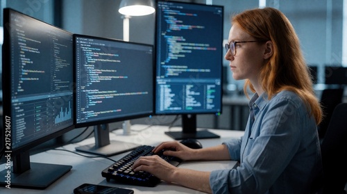 Redhead woman works on computer with triple monitors in dark office. Focused female programmer types code on keyboard during night shift. Pro software developer uses multiple screens for data