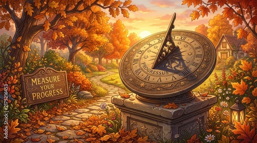 Autumn garden with a vintage sundial and a sign saying 'Measure Your Progress', evoking nostalgia and the passage of time.