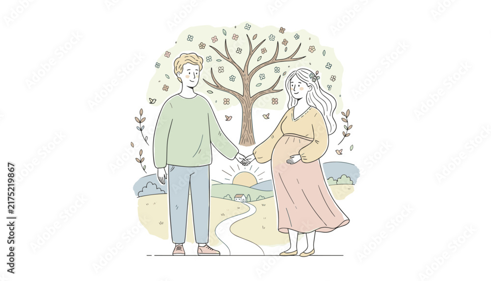 Fototapeta premium Loving husband and pregnant wife holding hands in front of a blossoming family tree at sunrise representing future generation.