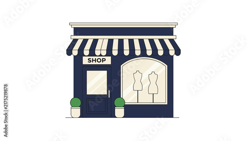 Boutique storefront illustration with a dark blue facade striped awning and fashion mannequins in the display window.