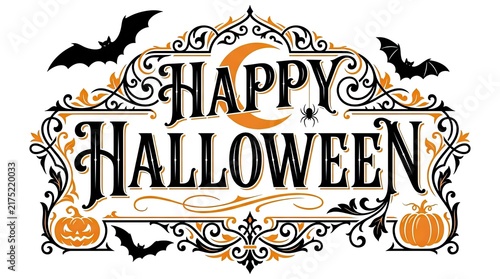 A decorative vintage style happy halloween typography design featuring ornate scrollwork borders flying bats a crescent moon and festive orange pumpkins on a white