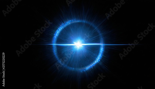 A brilliant blue circular light flare radiates against a deep black background