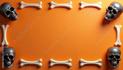 Halloween border frame with realistic human skulls and white bones on orange background