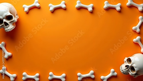 Halloween border frame with two white human skulls and bones on orange background