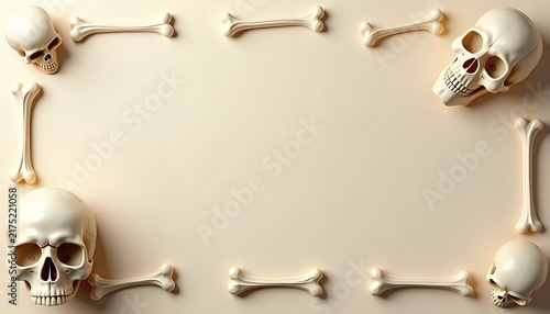 Human skulls and bones arranged as a frame on a light beige background, for halloween theme