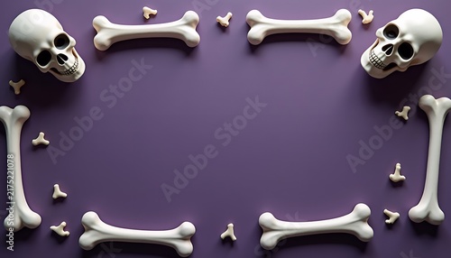Human skulls and bones arranged as a frame on a solid purple background, for halloween theme