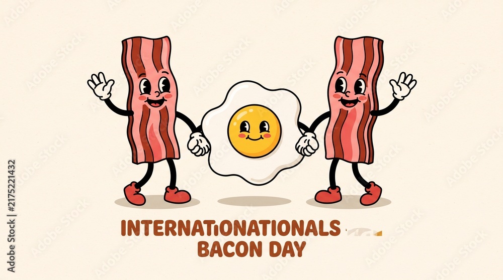 Fototapeta premium Cartoon bacon strips holding a smiling egg for international bacon day
