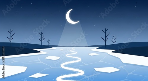 Serene winter landscape with crescent moon and snow.